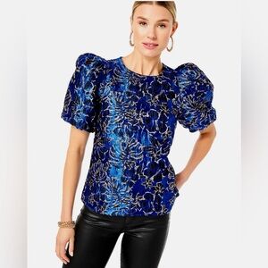 Lily Pulitzer Pratt Short Sleeve Floral Brocade Twilight Grotto Blue Top XS NWT